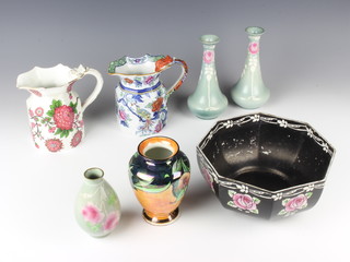 A Shelley ironstone style Lake Foley jug 7622 13cm, a similar (chipped), an octagonal bowl, a pair of vases and 2 other vases 