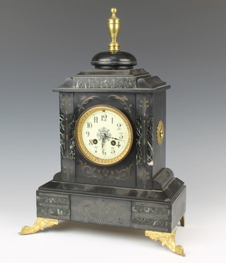 A Victorian French 8 day striking mantel clock contained in a black marble architectural case with enamelled dial and Arabic numerals (no key or pendulum) 