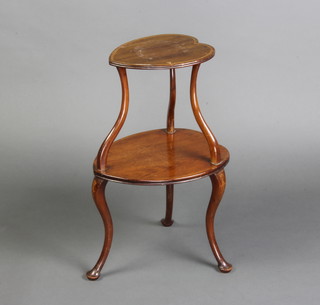 An Edwardian inlaid mahogany heart shaped 2 tier occasional table raised on cabriole supports 62cm h x 31cm w x 37cm d 