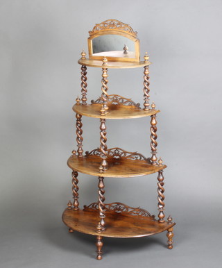 A Victorian bleached rosewood 4 tier graduated demi-lune what-not with arched plate mirrored back, raised on pierced spiral turned columns 130cm h x 72cm w to the base x 32cm d and 43cm w to the top x 19cm d  