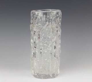A cylindrical Whitefriars clear glass bark effect vase 23cm x 10cm  