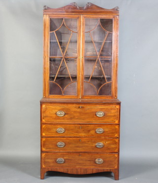 A Georgian mahogany secretaire bookcase, the upper section with a shaped cornice, fitted adjustable shelves enclosed by astragal glazed panelled doors, the base fitted a secretaire drawer above 3 long graduated drawers, raised on bracket feet 220cm h x 98cm w x 48cm d  