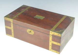 A 19th Century rectangular mahogany brass banded writing slope with hinged lid, the base fitted a drawer 15cm x 46cm x 25cm 