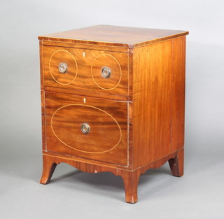 A Georgian inlaid mahogany and crossbanded commode, fitted 1 long drawer above a cupboard with ivory escutcheons, raised on splayed bracket feet 74cm h x 54cm w x 50cm d 