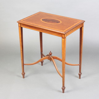 An Edwardian rectangular inlaid mahogany 2 tier occasional table with crossbanded top raised on square tapered supports ending in spade feet with X framed stretcher 70cm x 59cm x 42cm 