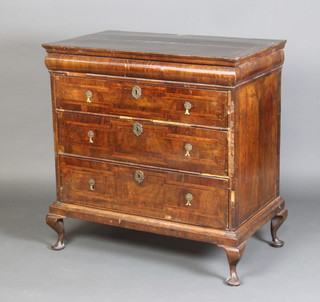 A Queen Anne inlaid walnut chest fitted a secret drawer above 3 long drawers, raised on a later base with cabriole supports 96cmm h x 94cm w x 56cm d 
