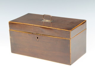 A Georgian rectangular inlaid mahogany twin compartment tea caddy 15cm x 30cm x 15cm, the interior fitted an associated mixing/sugar bowl 