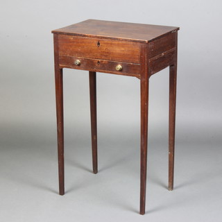 A Georgian mahogany reading table with hinged lid, the base fitted a drawer and with 2 brushing slides to the sides, raised on square tapered supports 77cm h x 46cm w x 33cm d 