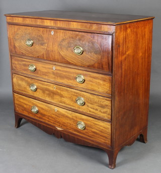 A Georgian inlaid mahogany secretaire chest, fitted a secretaire drawer above 3 long drawers raised on splayed feet 113cm h x 133cm w x 57cm d 