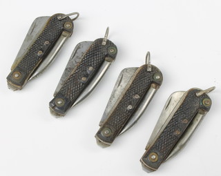 Two Belgian folding military style jack knives with blade, tin opener and marlin spike, the blades marked A.B.L 1951 Colin Winand 
