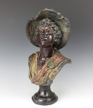 An Edwardian plaster head and shoulders portrait bust of a whistling boy raised on a socle base, the reverse incised 190, 48cm x 26cm
