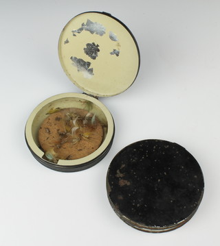 A Farlows 4 1/2" black japanned cast box with cream interior and 1 other fly box 