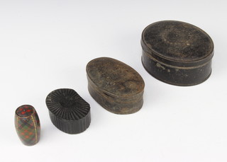 A cylindrical tartan ware thimble case decorated The Macdonald tartan 4cm x 2cm, a Victorian lacquered kidney shaped snuff box 2cm x 5cm x 2cm and 2 19th Century oval Japanned metal boxes 