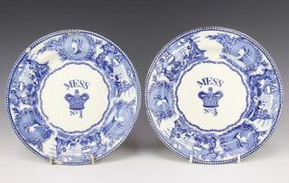 A pair of 19th Century English  Royal Navy blue and white transfer print plates decorated with a border of Queen Victoria young head and naval scenes enclosing Mess no.1 and Mess no.4, 24cm 