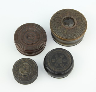 A 19th Century cylindrical carved horn trinket box, the top set a faceted panel 3cm x 5cm and 3 other 19th Century trinket/snuff boxes 2cm x 4cm, 2cm x 5cm and 2cm x 4.5cm 