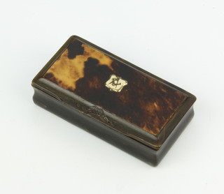 A 19th Century Masonic rectangular carved horn snuff box, the lid with gilt metal panel decorated square compasses 284 