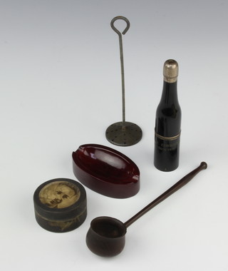 A novelty pipe in the form of a bottle marked Scottish Exhibition Glasgow 1911 14cm, a turned wooden toddy ladle 17cm, a Horlicks plunger, a cylindrical trinket box and cover and an Art Deco oval ashtray 