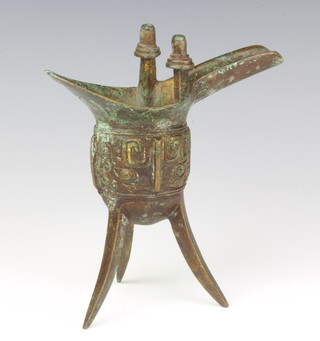 A Chinese bronze archaistic style wine jue 17cm x 9.5cm 