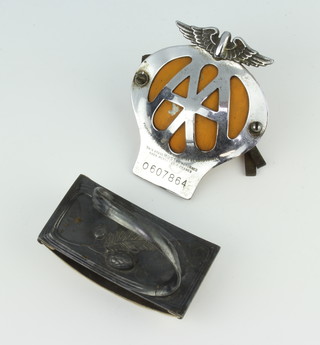 An Art Nouveau embossed metal blotter 9cm, an AA beehive badge no.0607864 