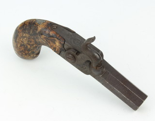 A 19th Century percussion pocket pistol, the octagonal barrel with proof marks for Liege Proof House 1811-1892, with cap box to the end of the walnut grip