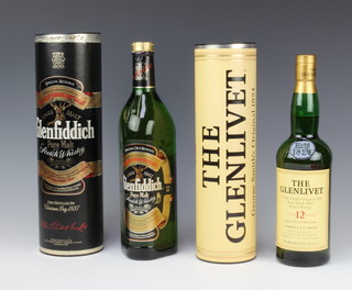 A 70cl bottle of The Glenlivet aged 12 years pure single malt whisky and a litre of Glenfiddich pure malt whisky 