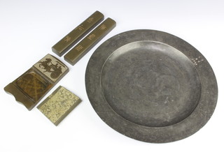 An 18th Century circular pewter charger marked IP SG 1792 38cm diam. together with 2 Chinese hardstone scholar weights 2cm x 21cm x 4cm and a ditto brush rest 