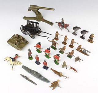 A Britains model Bren Gun carrier, an Astra model anti aircraft gun, a Charbens model cart, 2 Minic model boats and a collection of various lead figures 