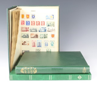 A Swiftsure green album of mint and used world stamps - Australia, Belgium, Denmark, France, West Germany, Italy, Holland, a green Simplex album of world stamps - Argentina, Brazil, Egypt, Japan, USA, a stock book of mint and used Elizabeth II GB stamps  and a small folder of Portuguese stamps 