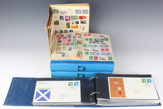 Two blue Abbey albums of world stamps - GB, Victoria to Elizabeth II, Austria, Belgium, Canada, China, Czechoslovakia, Denmark, Egypt France and Germany, Hong Kong, Hungary, India, Ireland, Italy, Japan, Netherlands, New Zealand, Pakistan, Russia, Spain, a Gay Venture stamp album of world stamps, a Bridge North Special album of world stamps and an album of GB first day covers 