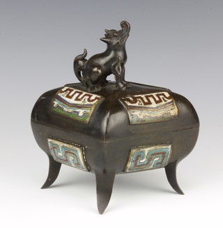 A Chinese bronze and cloisonne enamelled diamond shaped trinket box, the finial in the form of a seated beast raised on 4 out swept supports 13cm x 20cm x 14cm 