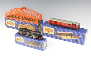 A Hornby Dublo ELD 18 standard tank locomotive boxed, ditto D1 gurda bridge boxed and a ditto G.P.O mail van set boxed 