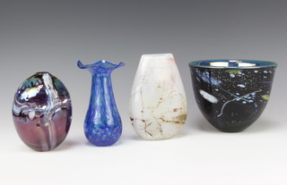 A Shako Studio Glass deep bowl 15cm, 3 studio vases 