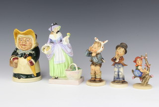 A Royal Doulton figure - Spring Flowers HN1807 19cm, a Toby jug, a Hummel figure 217 13cm, a ditto of a flute player 13cm and 1 other Apple Tree Girl 145 10cm 