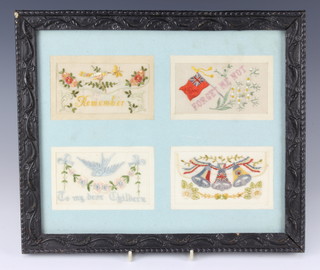 Four First World War embroidered postcards - Remembrance, Forget Me Not, To My Dear Children and Bells, contained in a carved frame 30cm x 34cm  