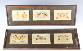 Of Royal Flying Corps interest, six First World War embroidered Royal Flying Corps postcards contained in 2 frames 34cm x 52cm 