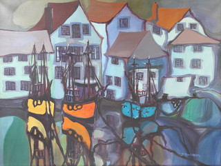 J Davidson, oil on canvas, Cornish harbour scene 76cm x 100cm 