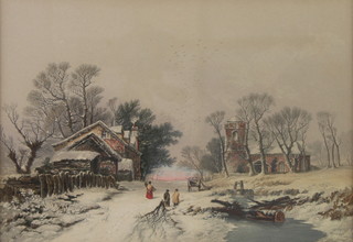Victorian coloured print, winter landscape with figures before a church 26cm x 37cm 