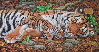 Richard W Orr, acrylic, tigress and cub, signed, 37cm x 36cm 