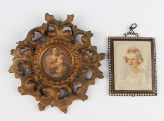 19th Century print, Madonna and child, circular, contained in a fancy rococo gilt frame 4cm, together with an Edwardian watercolour miniature of a lady in paste set frame 6cm x 5cm 