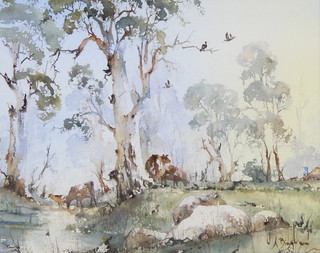 W A Bingham, watercolour signed, cattle by a billabong under gums, 21cm x 26cm 