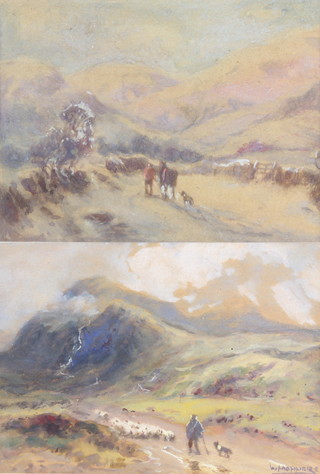 W Manners, watercolour signed, a shepherd and flock on a mountain pass, 12cm x 17 cm and an unsigned watercolour a man with horse and dog on a country lane 13cm x 17cm