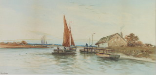 T Mortimer, watercolour, signed, fishing boat approaching a jetty with figures 25cm x 51cm 