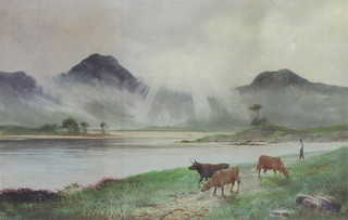 S Hall, watercolour, signed, study of highland cattle and a figure beside a lock 30cm x 48cm 