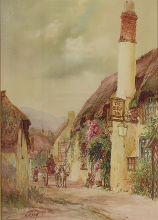 W H Sweet, watercolour, signed, village street scene with figures and a horse and cart 36cm x 25cm 