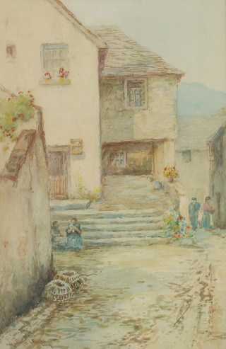 An Edwardian watercolour, indistinctly signed, Cornish village scene with figures 37cm x 25cm 