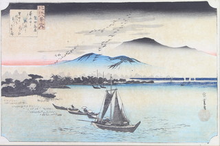 A 19th Century Japanese woodblock print, study of  boats in a lake setting, signed 24cm x 36cm 
