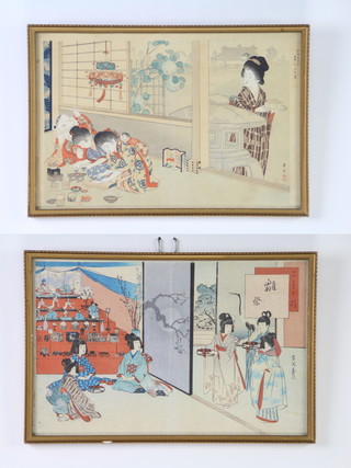 19th Century Japanese woodblock prints, a pair, Geishas in pavillion interiors, 21cm x 34cm 
