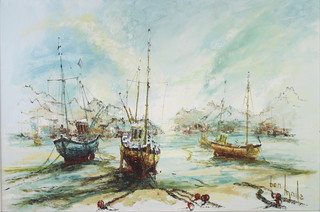 Ben Maile (1922-2017), oil on canvas, signed, study of moored fishing boats in a harbour 60cm x 90cm 