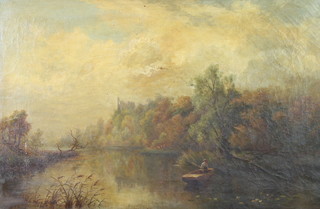 S Morris, oil on canvas, figure in a boat on the River Arun with Arundel Castle in the distance, signed 60cm x 90cm 