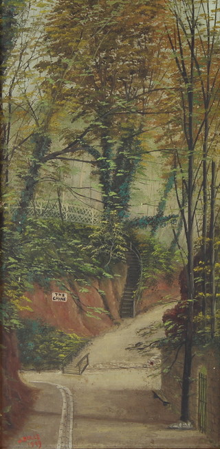 J Rolls, 1909, oil on board, study of a country lane 34cm x 17cm 